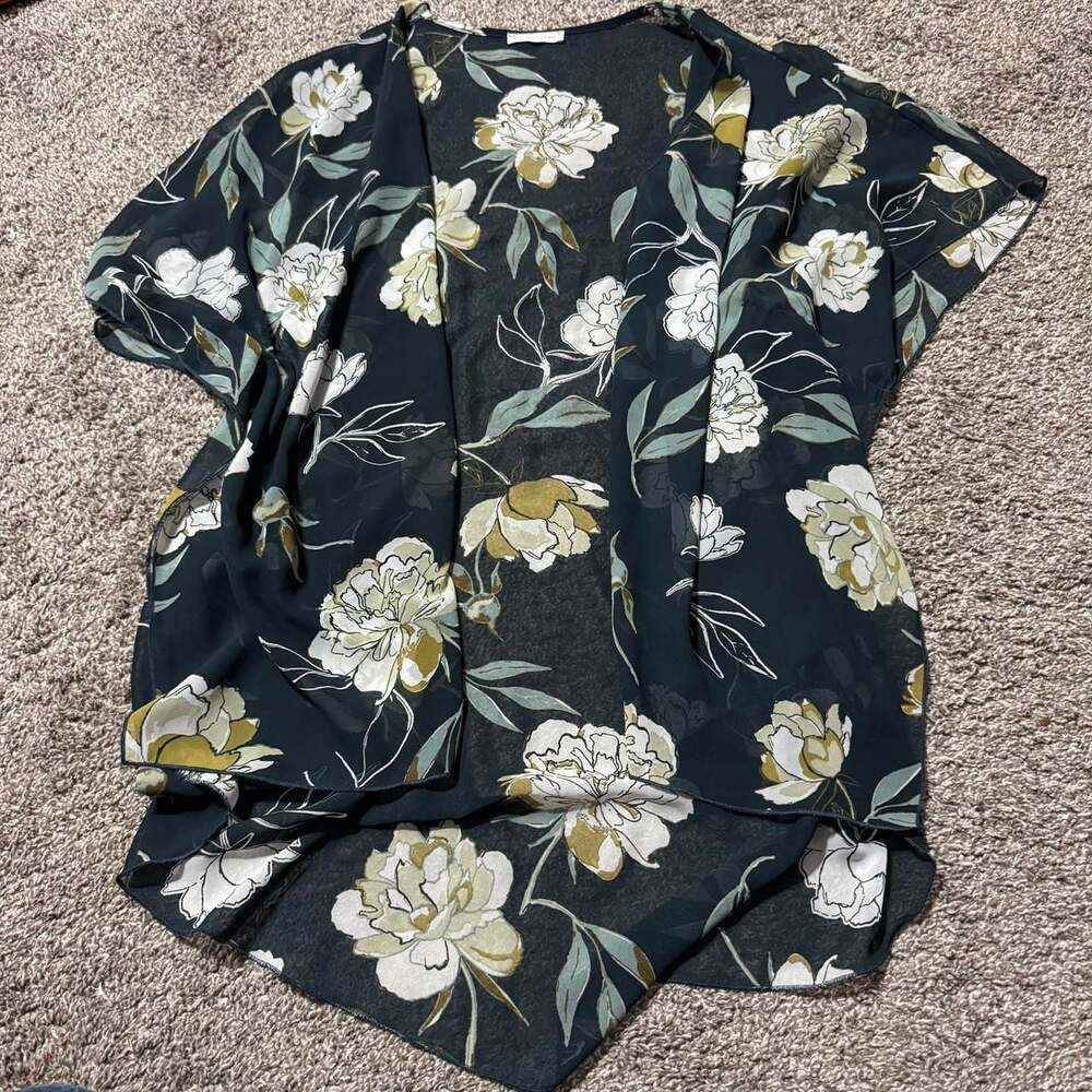 Emory Park Navy Floral Kimono, Chiffon Open Cardigan Wrap — One Size